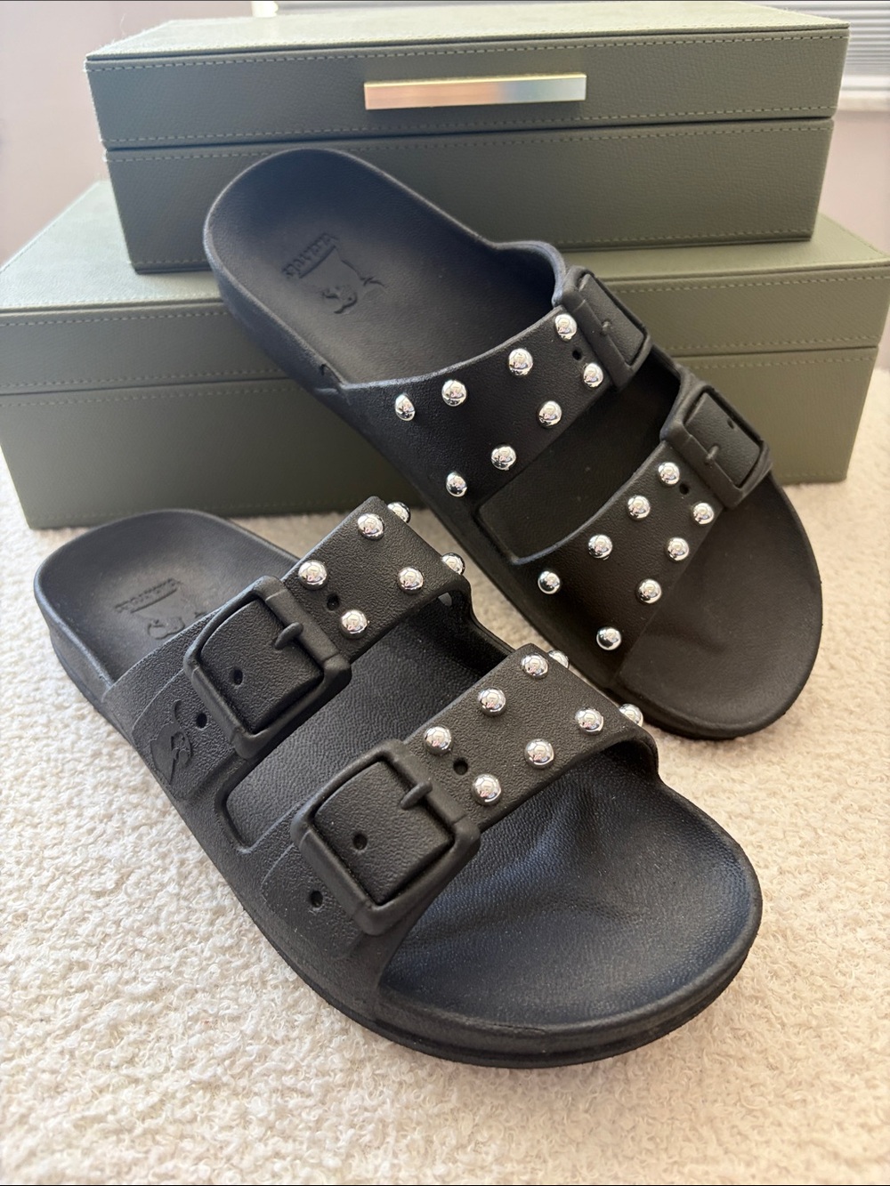 Women’s Black Stud-Embellished Double-Buckle Slide Sandals